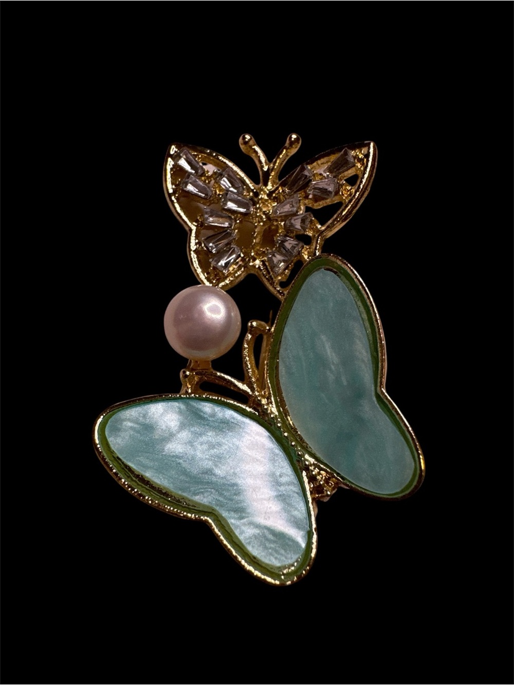 Gold Butterfly Brooch with Pale Mint Enamel Wings and Pearl Accent